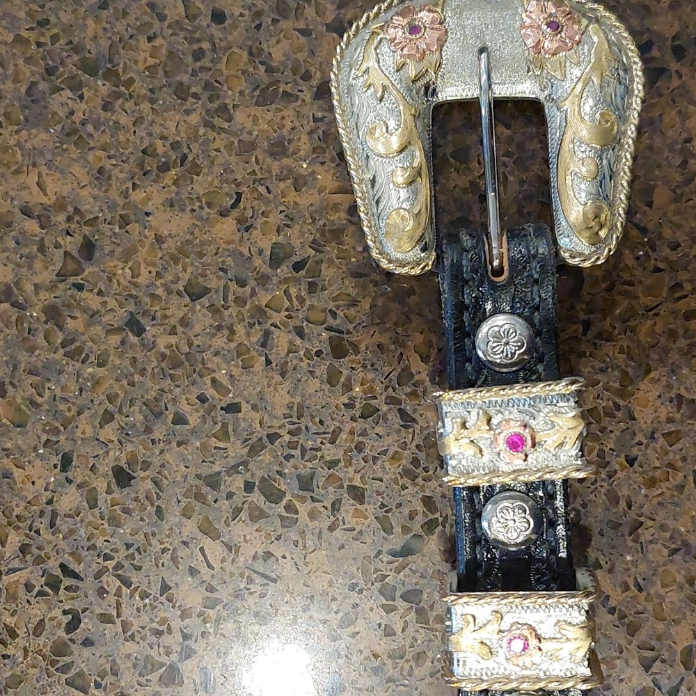 Black Leather with Saphaire and Silver gold buckle and tip Men's Western Belt